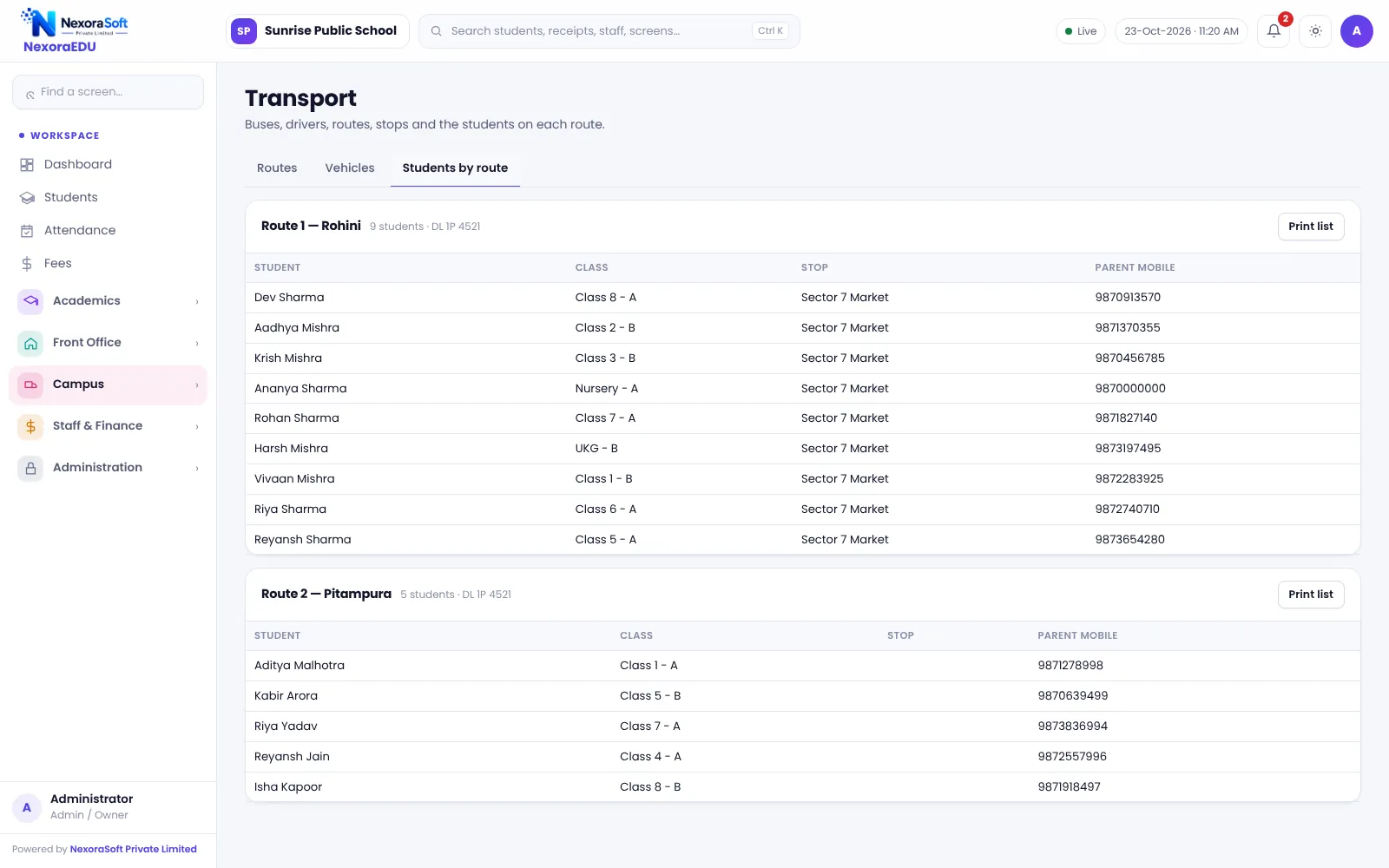 NexoraEDU school management software students by route screen: which students ride which route, for the transport in-charge.