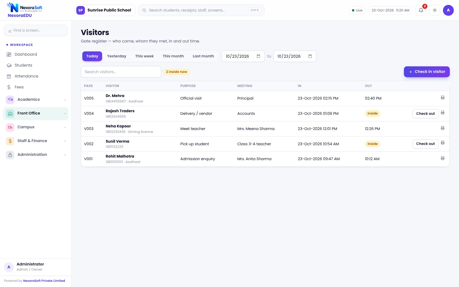NexoraEDU school management software visitor register screen: visitors logged at the gate with purpose, time and pass.