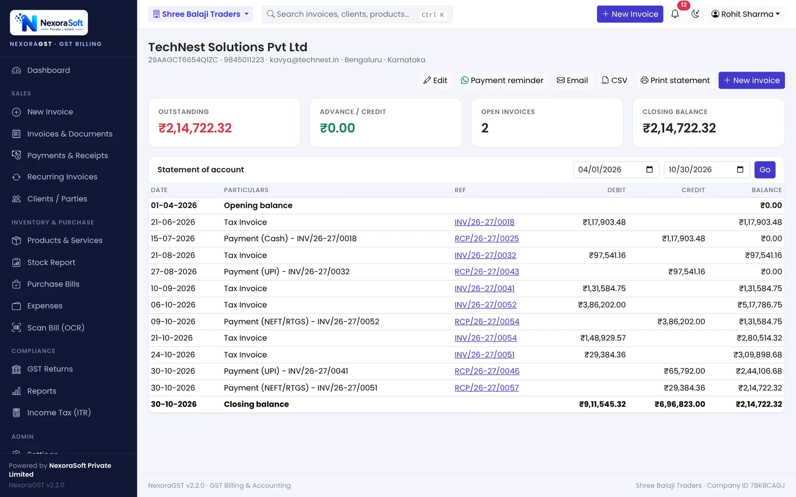 NexoraGST client ledger statement of account with opening balance, invoices, payments, running balance and closing balance