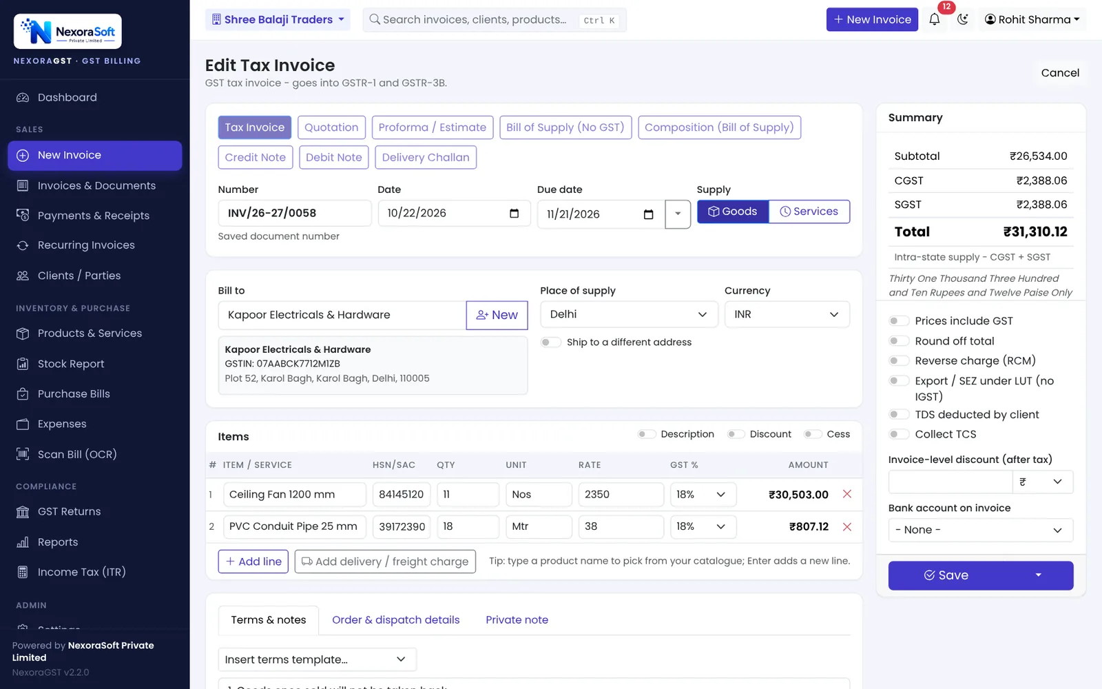 Creating a GST tax invoice in NexoraGST with client, place of supply, HSN codes, GST rate, CGST and SGST summary and document type buttons