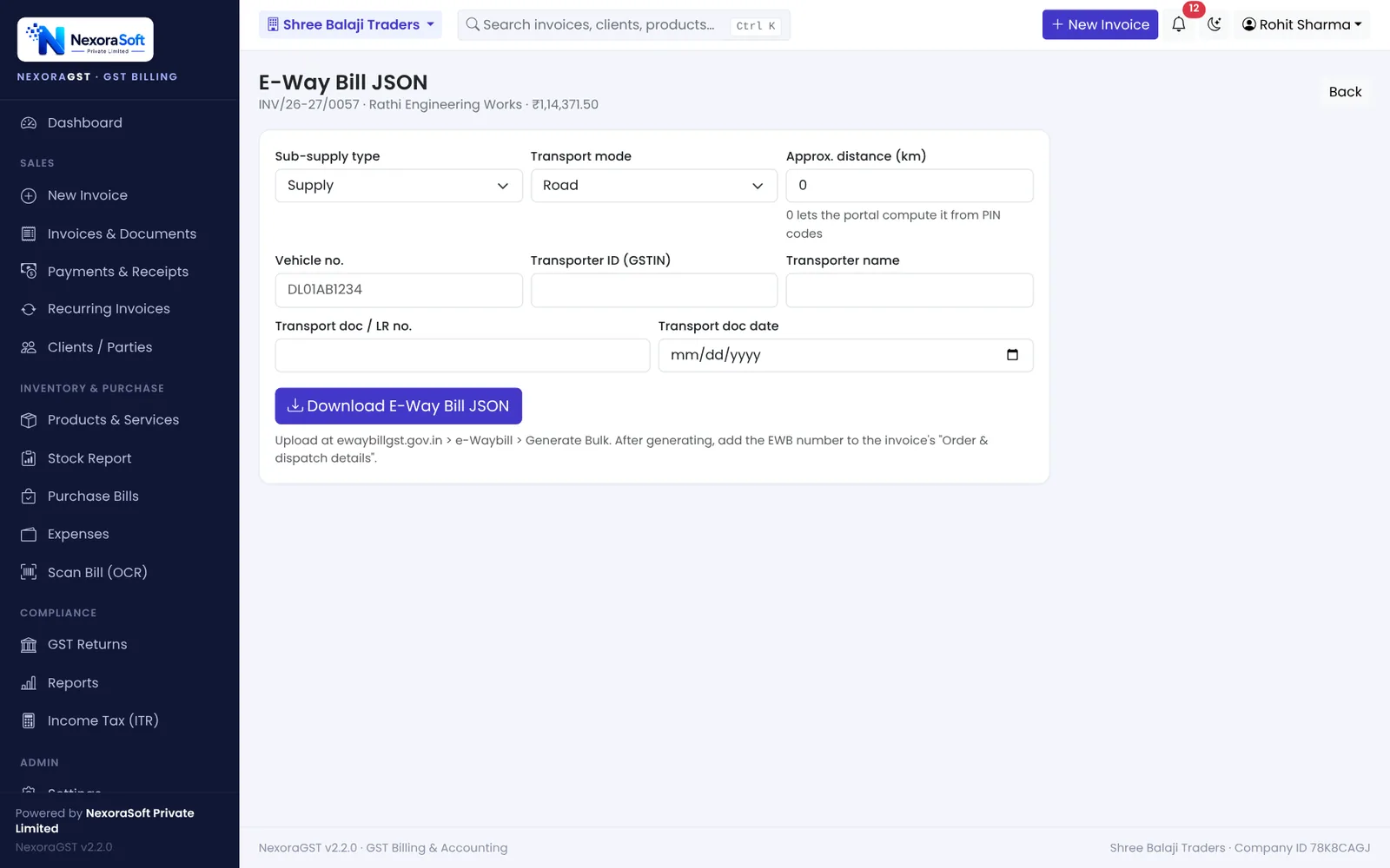 NexoraGST e-way bill JSON screen with supply type, transport mode, distance, vehicle number and transporter details for NIC bulk upload