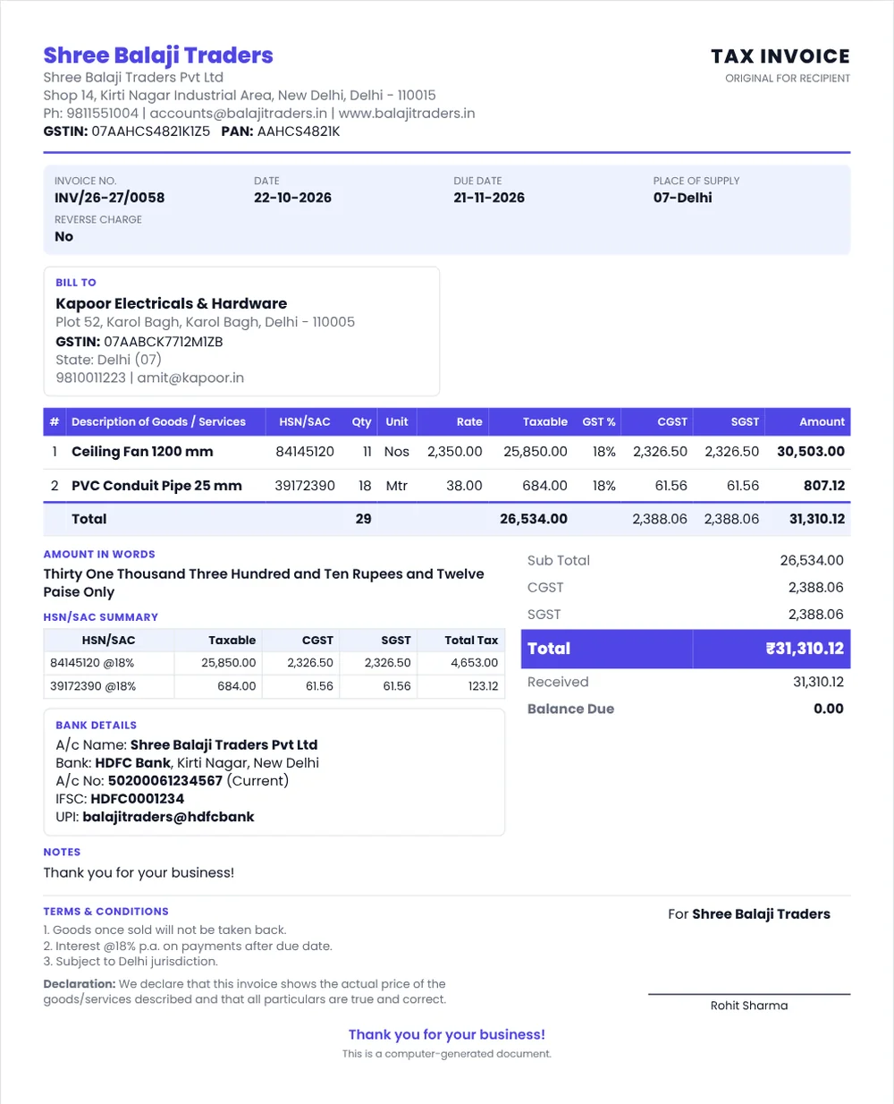 Printed GST tax invoice from NexoraGST with GSTIN, invoice number, place of supply, HSN/SAC, CGST and SGST columns, HSN summary, bank and UPI details