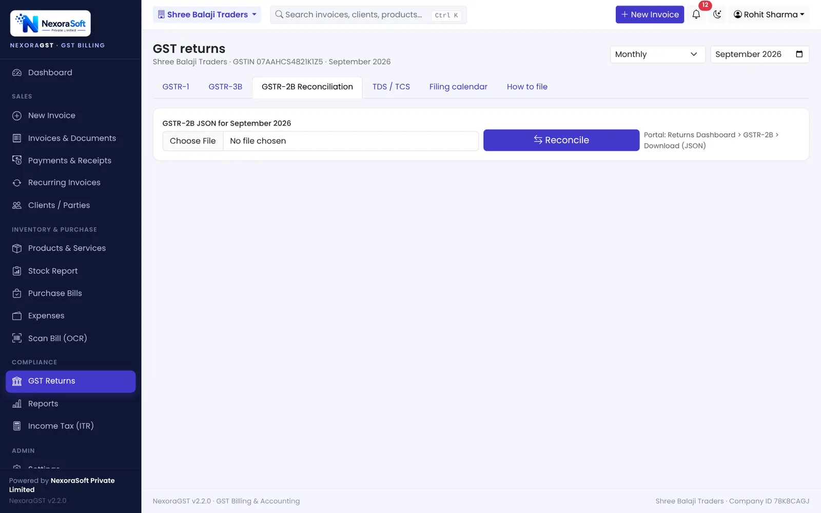 NexoraGST GSTR-2B reconciliation screen to upload the GSTR-2B JSON and match it against purchase bills