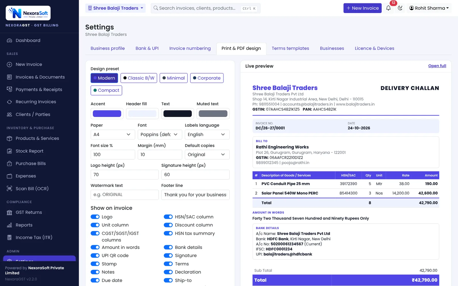 NexoraGST print and PDF design settings with Modern, Classic, Minimal, Corporate and Compact invoice templates and live preview