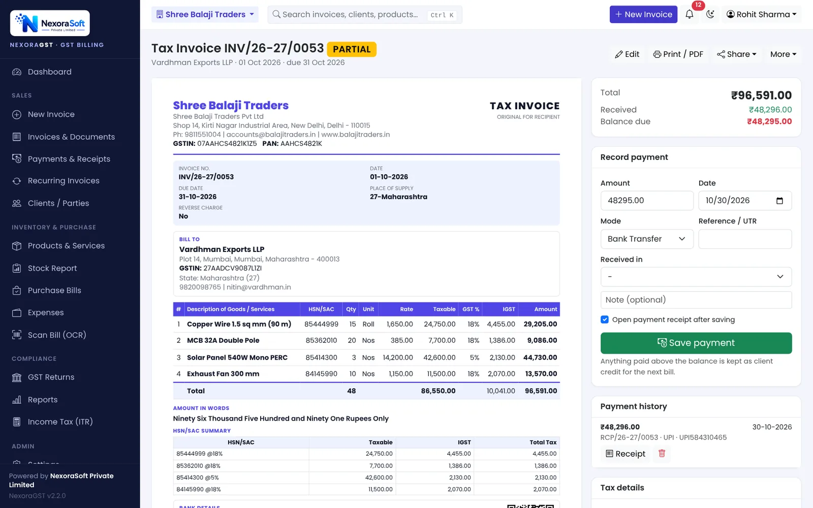 NexoraGST invoice view with IGST tax invoice preview, partial payment status and record payment form with mode and UTR reference