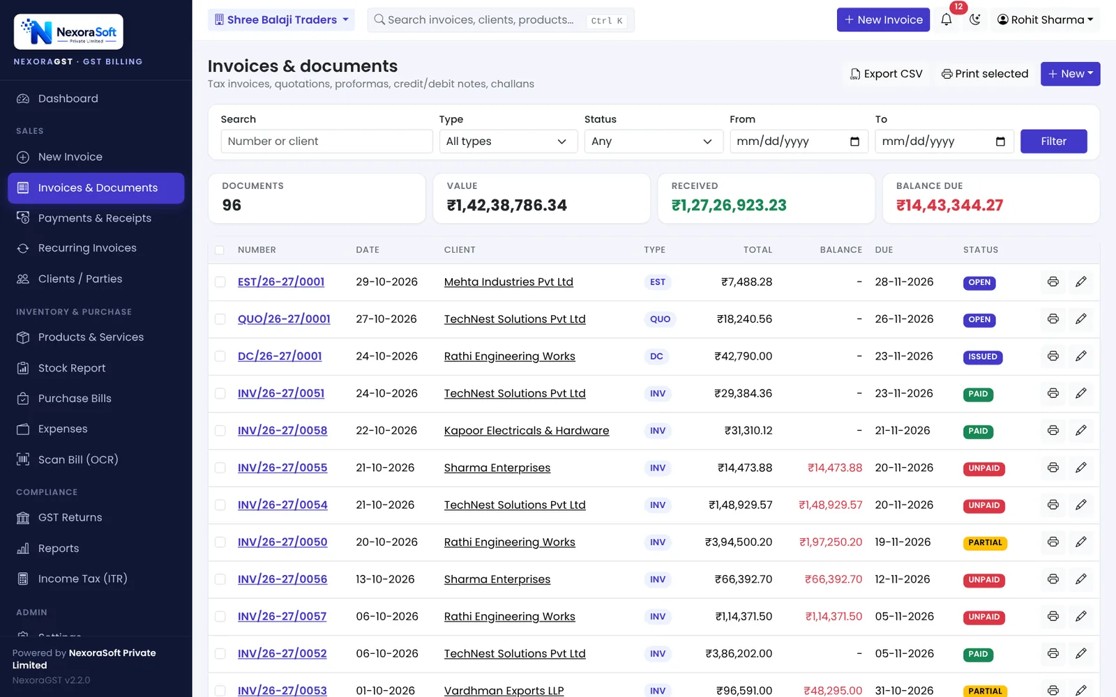 NexoraGST invoices and documents list with tax invoices, quotations, proformas and delivery challans, totals received and balance due