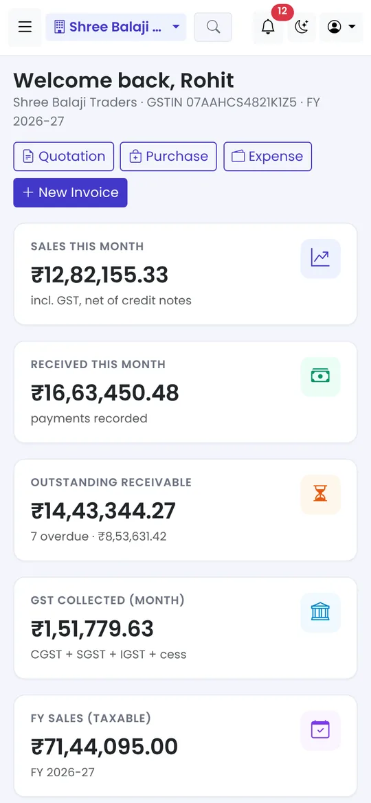 NexoraGST GST billing app dashboard on a mobile phone