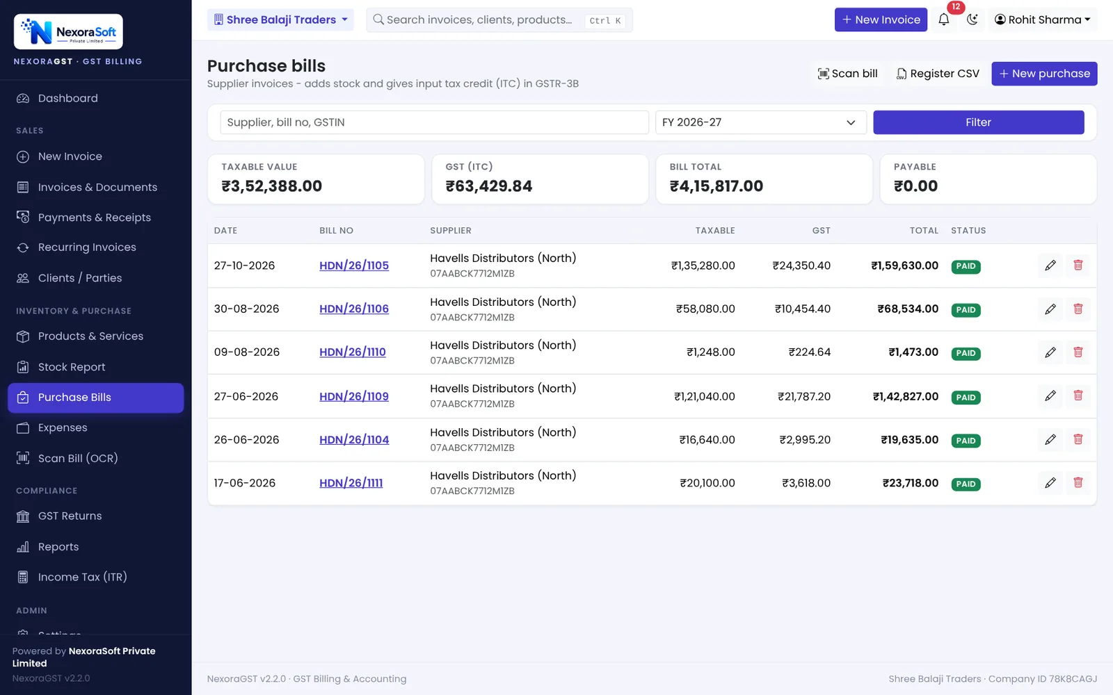 NexoraGST purchase bills register with taxable value, input tax credit, bill total and payable amount by supplier