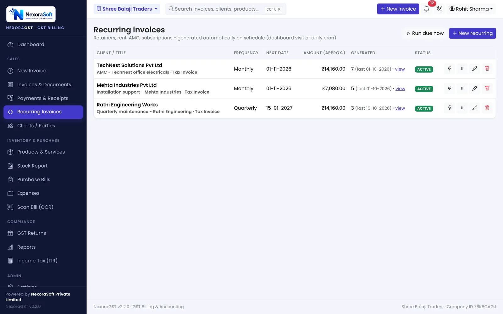NexoraGST recurring invoices list with monthly and quarterly schedules, next date and amount