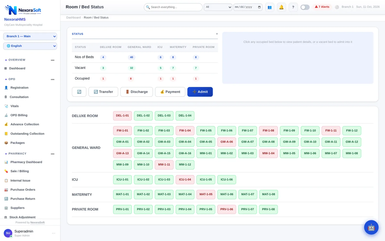 NexoraHMS hospital bed management screen showing deluxe, general ward, ICU, maternity and private room beds with vacant and occupied status