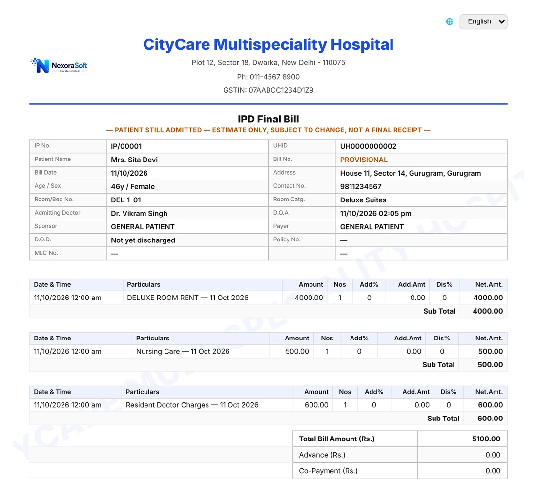 IPD bill printed from NexoraHMS with hospital name, GSTIN, patient, IP number, UHID, room, admitting doctor and date-wise room rent, nursing and doctor charges