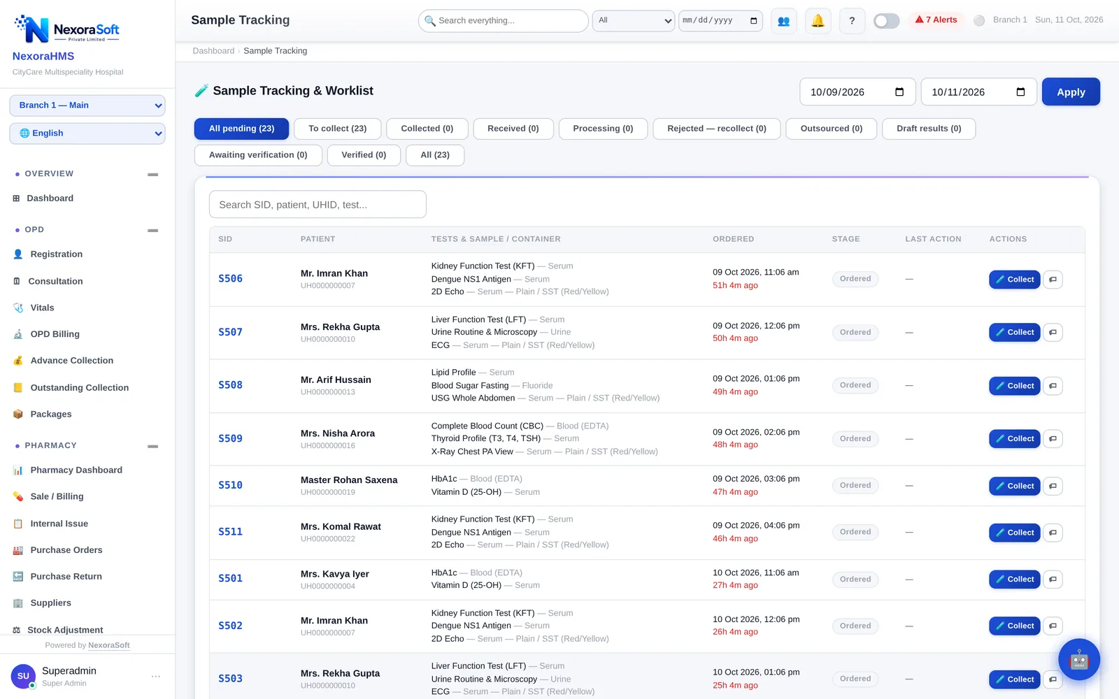 NexoraHMS laboratory sample tracking worklist with sample IDs, patients, tests, order time and collect buttons