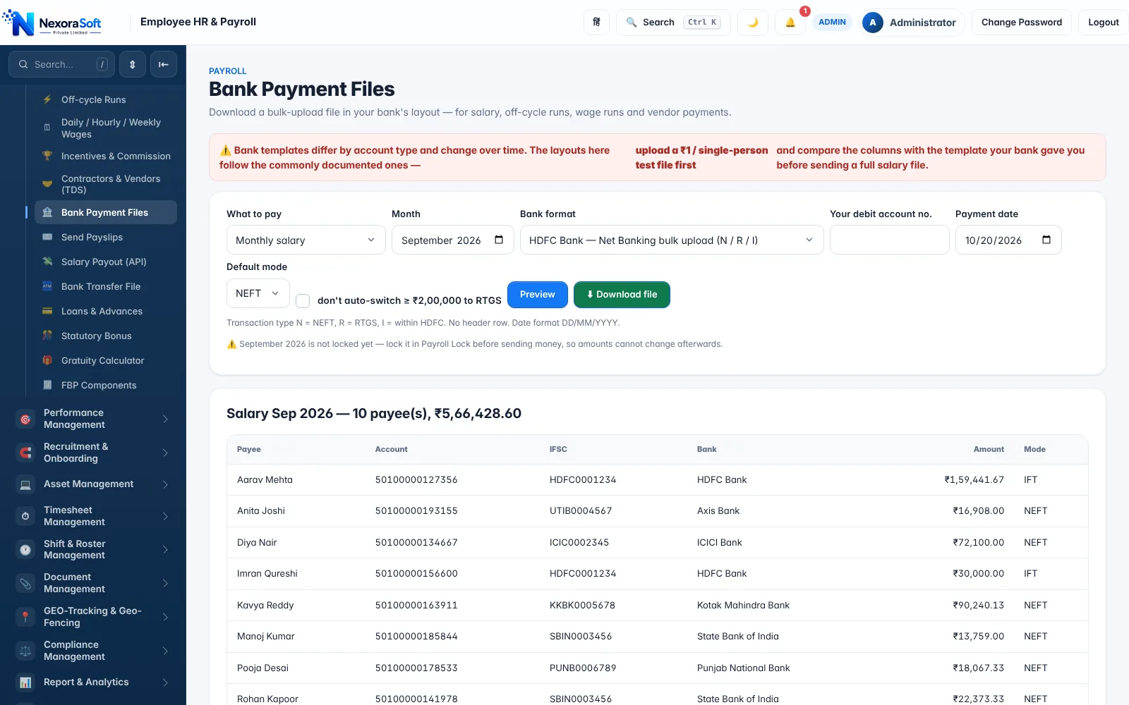 NexoraHRMS construction payroll bank payment file generator for wage runs and vendor payments with NEFT mode