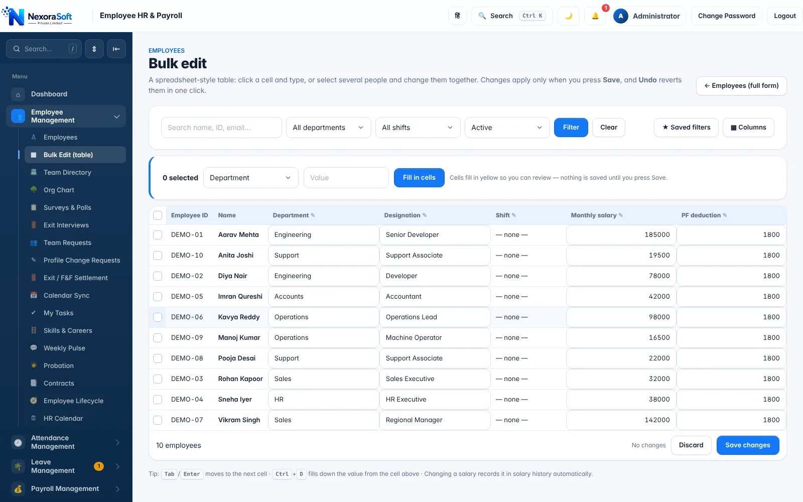 NexoraHRMS employee table with salary revisions and bulk edit for a growing startup team