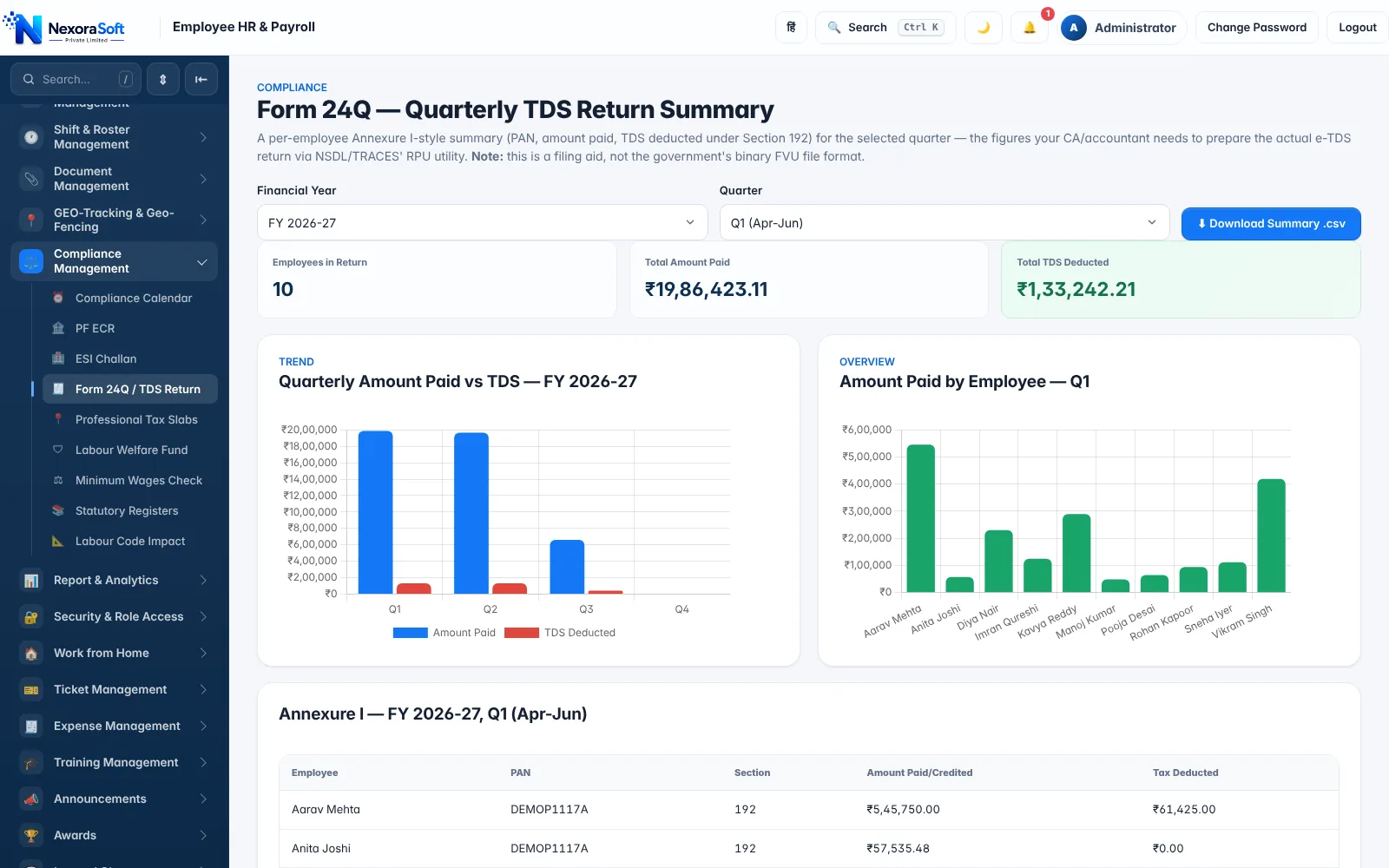 NexoraHRMS TDS payroll software Form 24Q quarterly summary with total amount paid, TDS deducted and employee-wise annexure