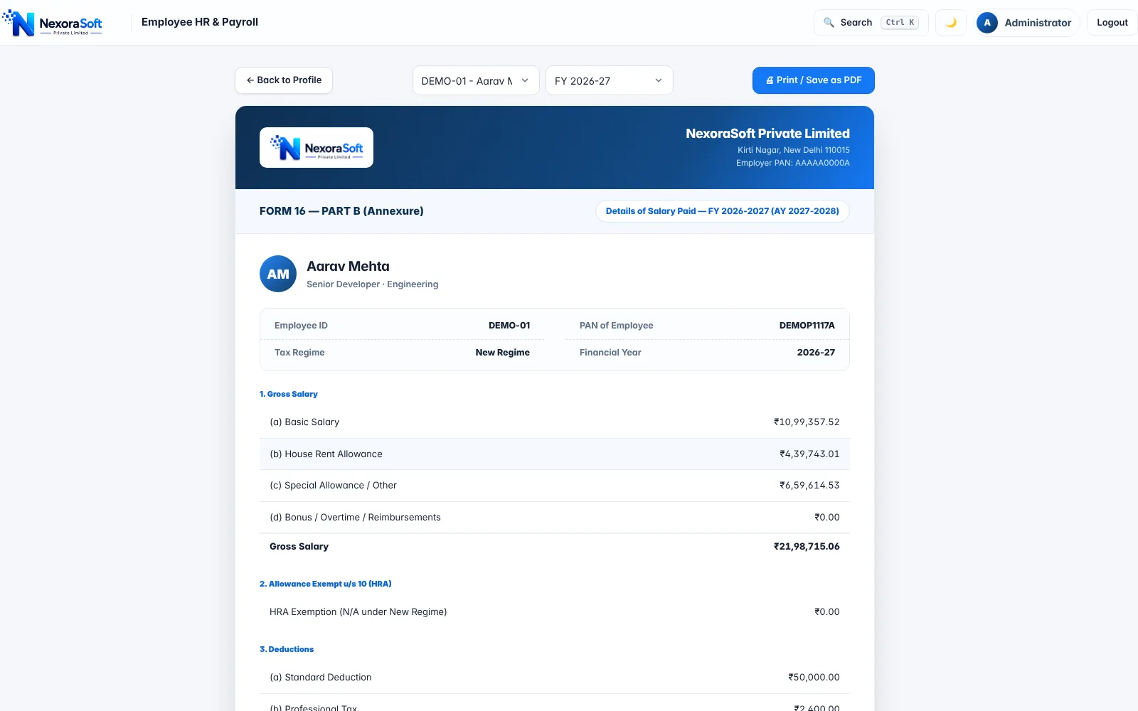 NexoraHRMS Form 16 Part B screen with gross salary, HRA exemption, standard deduction, Professional Tax and TDS for the financial year