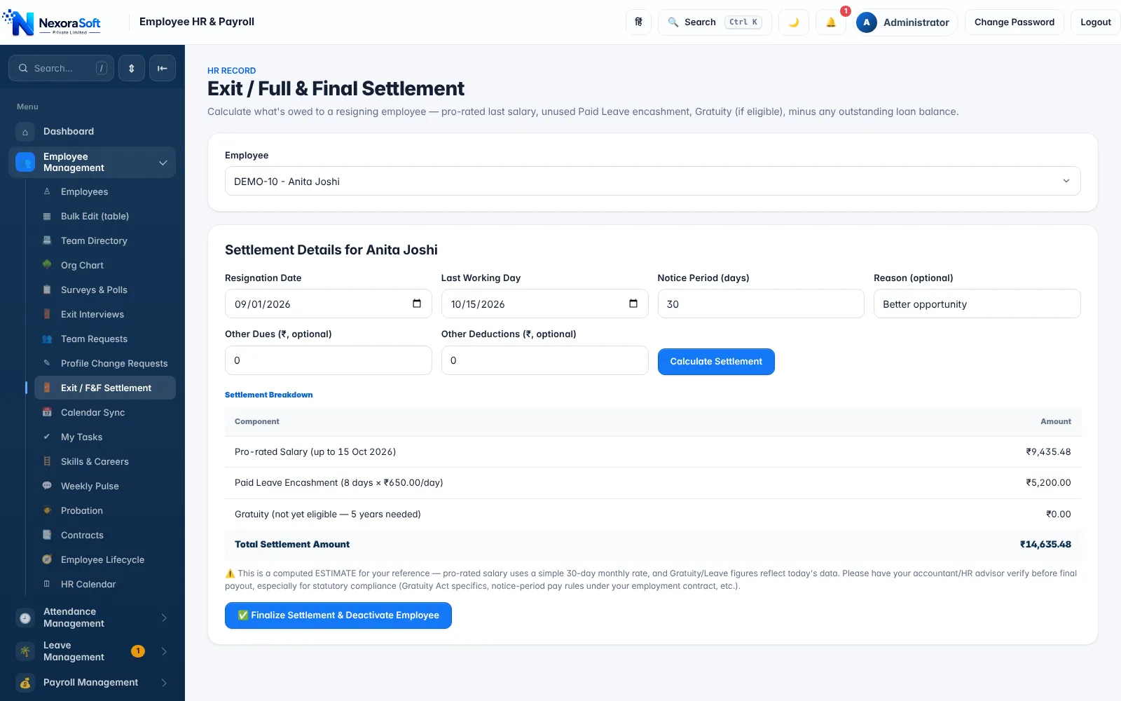 NexoraHRMS full and final settlement screen with pro-rated salary, paid leave encashment, gratuity and total settlement for a resigning employee