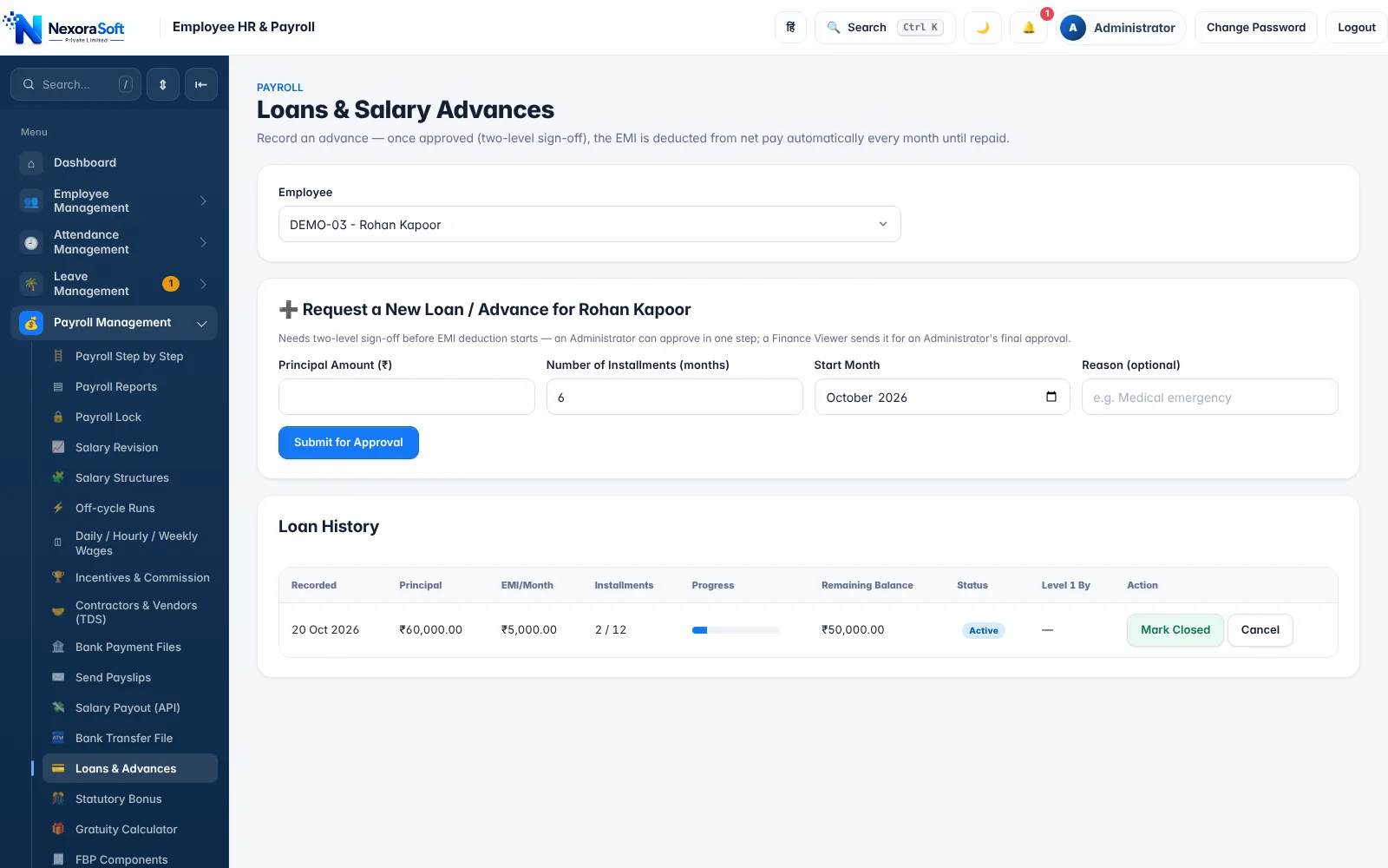 NexoraHRMS loans and salary advances module for school staff