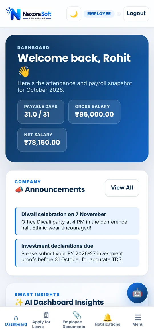 NexoraHRMS employee app home screen on a phone showing payable days, gross and net salary and company announcements