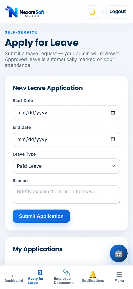 Apply for Leave screen in the NexoraHRMS employee self-service app on mobile