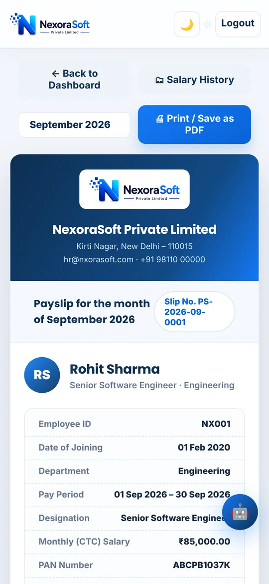 Employee payslip opened on a phone in the NexoraHRMS self-service portal