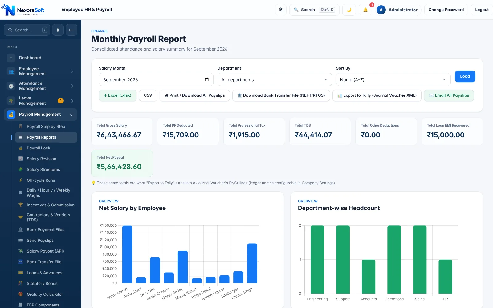 NexoraHRMS payroll management software report showing September gross salary, PF, Professional Tax, TDS and net payout with export buttons