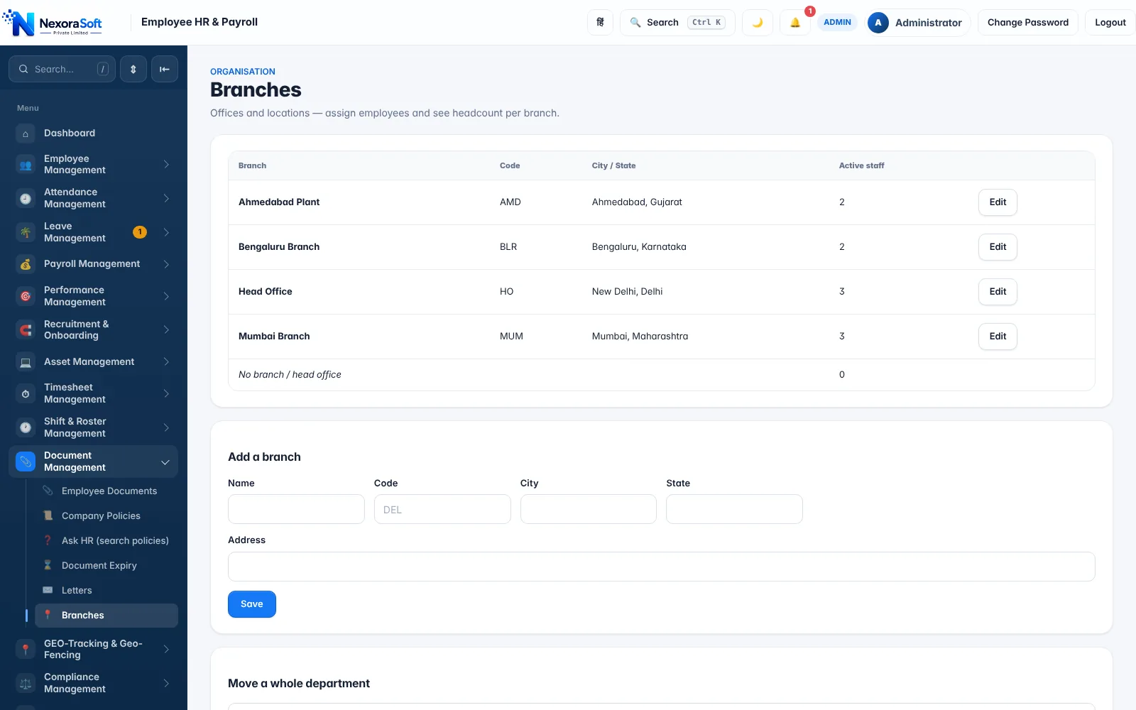 NexoraHRMS retail payroll branches screen listing stores and offices by city and state with active staff count