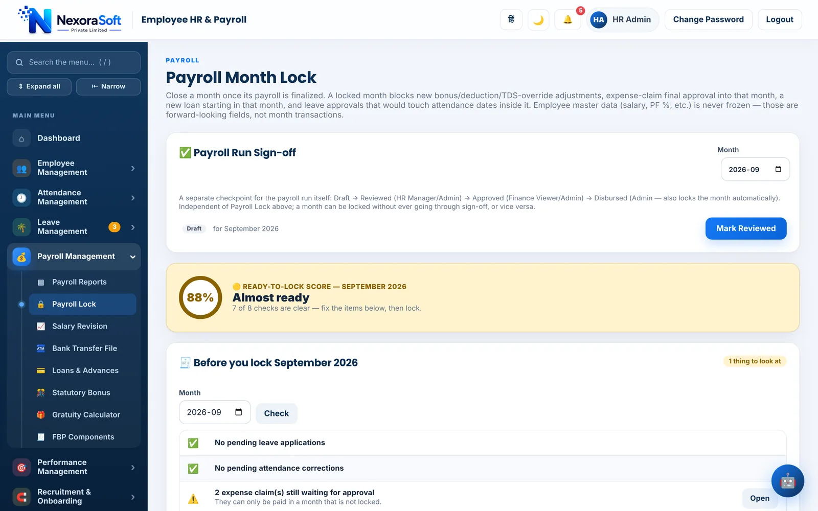 NexoraHRMS Payroll Month Lock screen showing the sign-off workflow, a ready-to-lock score and pre-lock checks for pending leave, attendance corrections and expense claims