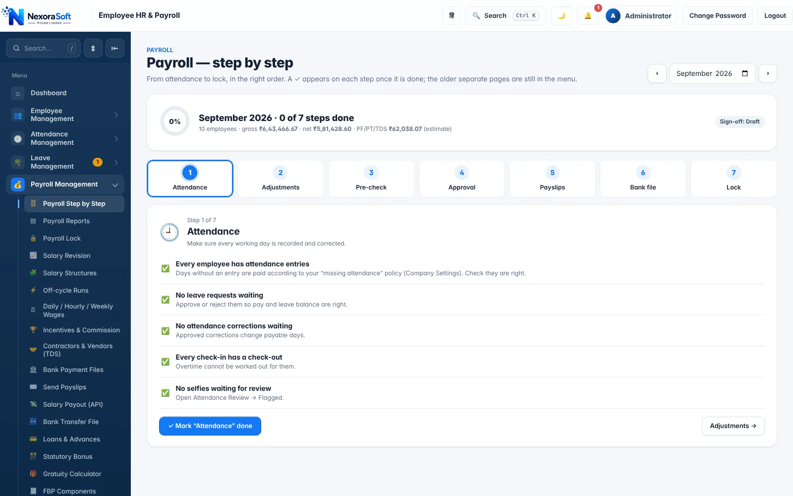 NexoraHRMS payroll step by step screen with seven stages from attendance to lock and a checklist of attendance checks