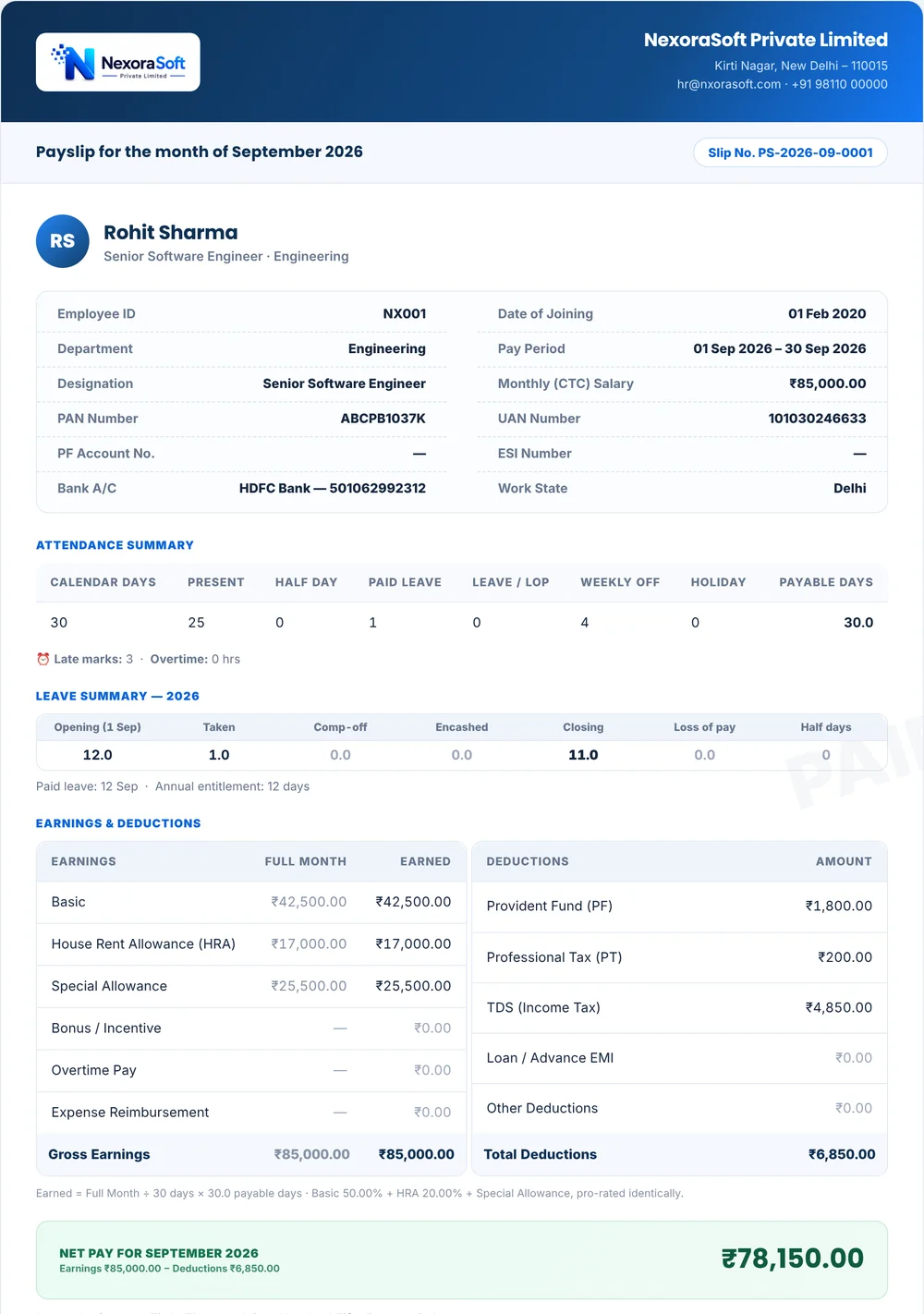 Salary slip generated by NexoraHRMS with attendance summary, leave balance, earnings, PF, Professional Tax and TDS deductions, net pay in words and year-to-date totals