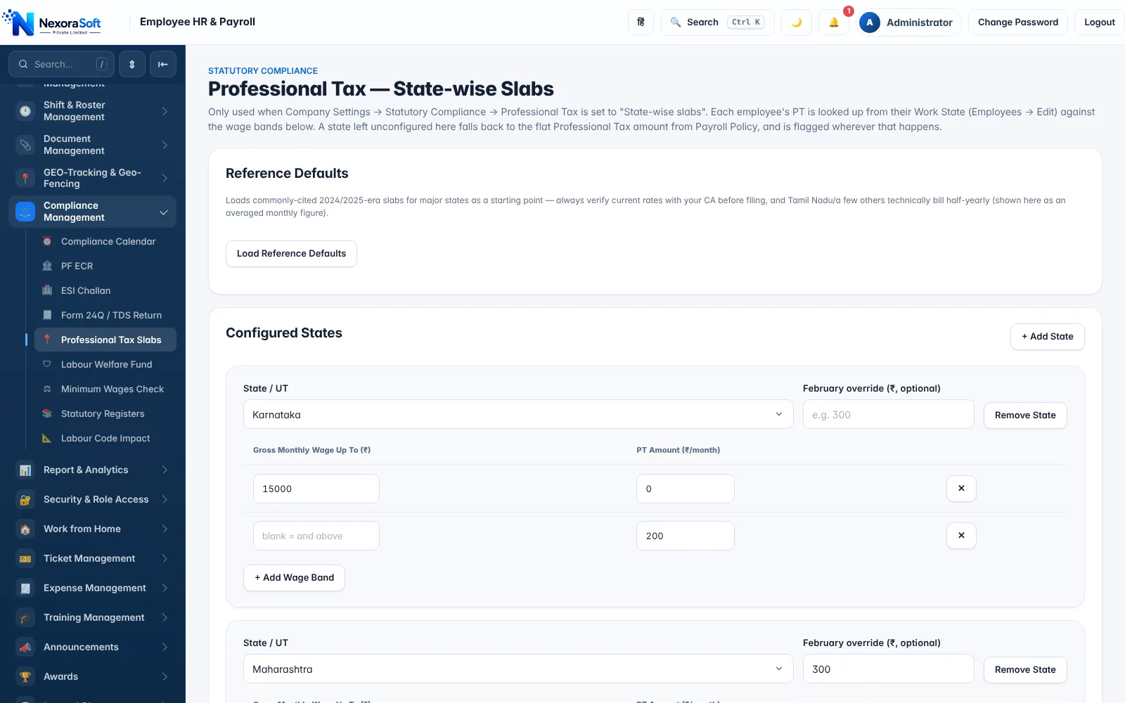 NexoraHRMS professional tax payroll software screen with state-wise wage bands, monthly PT amount and February override for Karnataka and Maharashtra