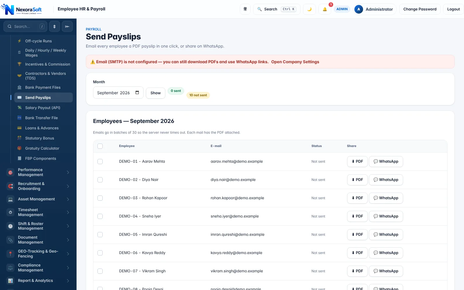 NexoraHRMS payslip software Send Payslips screen listing employees with email, PDF download and WhatsApp share buttons for September