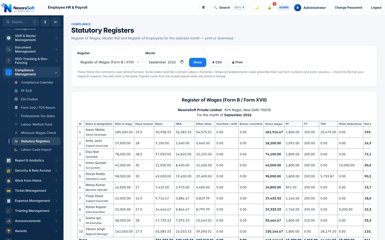 NexoraHRMS register of wages in statutory layout for MSME inspections