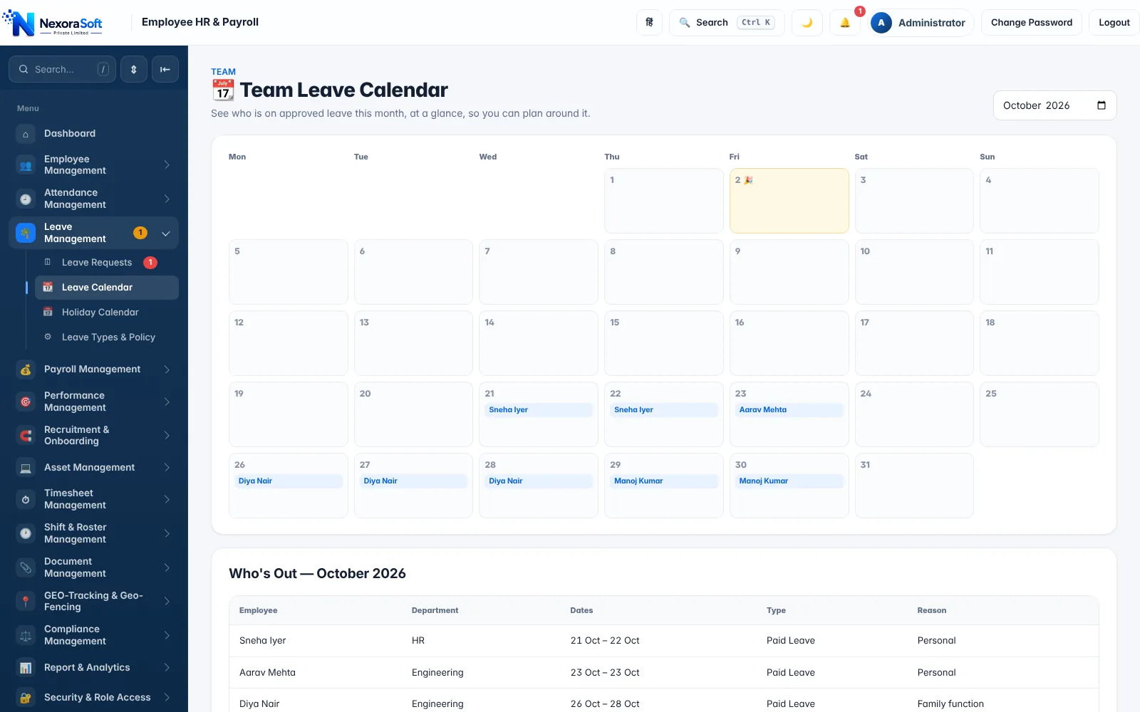 NexoraHRMS team leave calendar for school staff showing who is absent each day