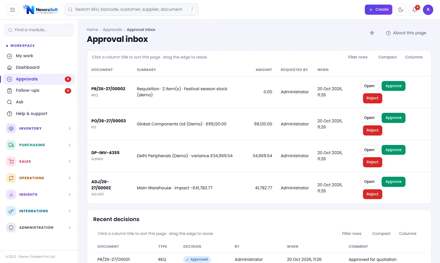 Approval inbox in NexoraIMS with pending requisition, purchase order and adjustment approvals and recent decisions