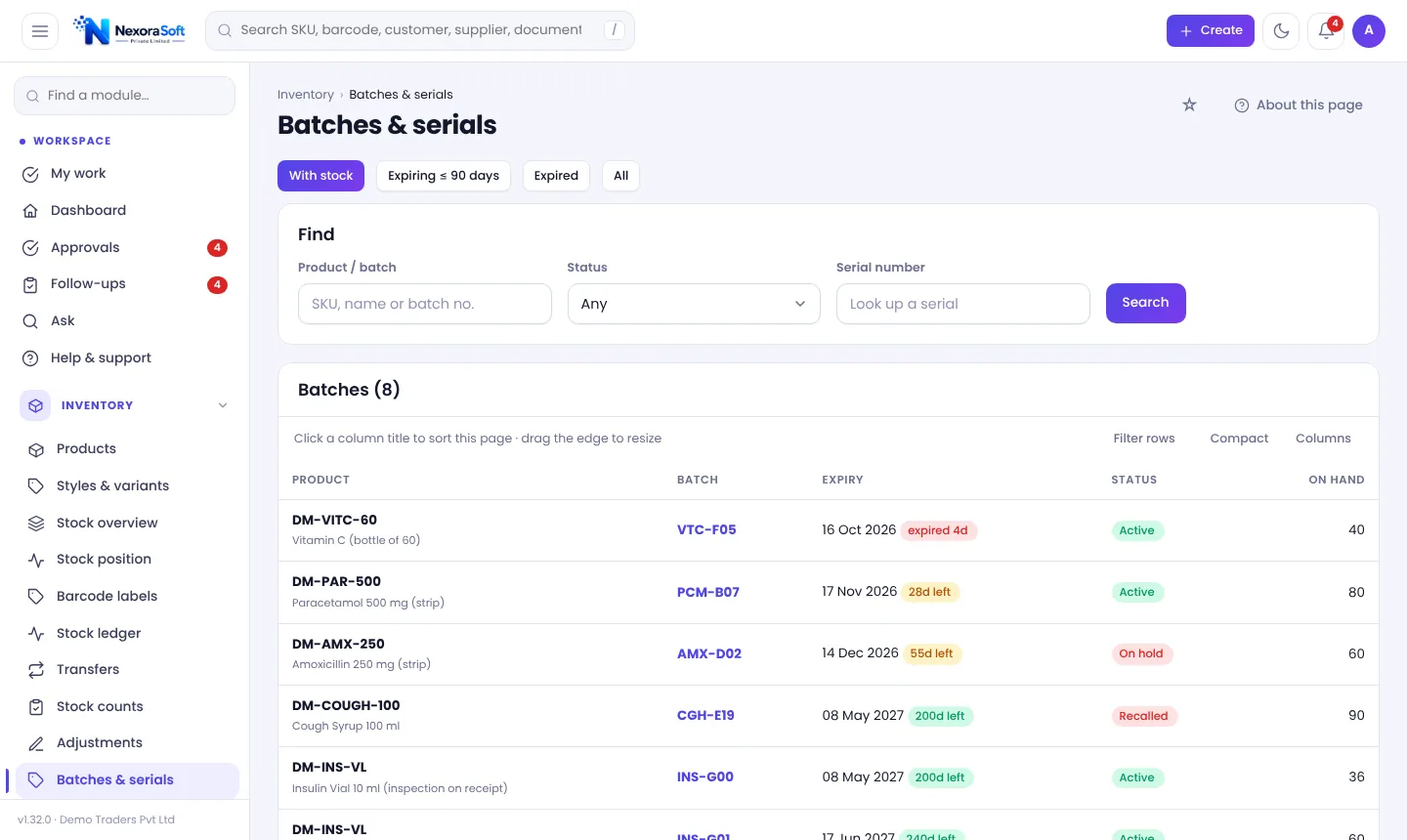 Batches and serials screen in NexoraIMS with batch numbers, expiry dates and days left