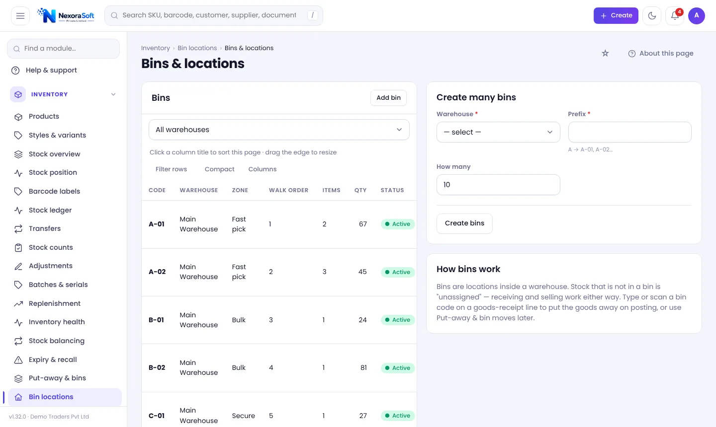 Bin locations screen in NexoraIMS warehouse management software listing bins by warehouse, zone and walk order with item counts and stock quantity