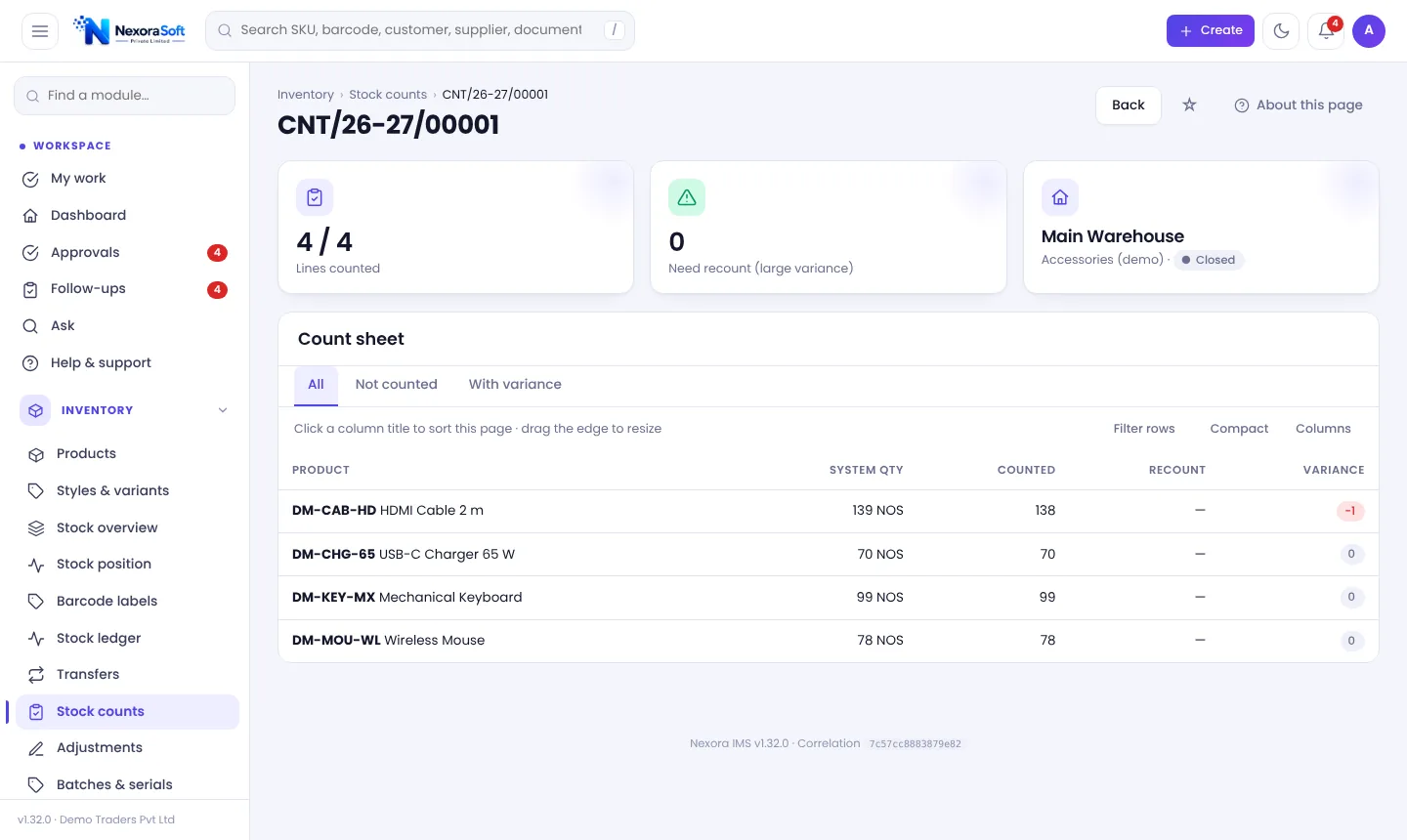 Stock count sheet in NexoraIMS with system quantity, counted quantity, recount and variance per product
