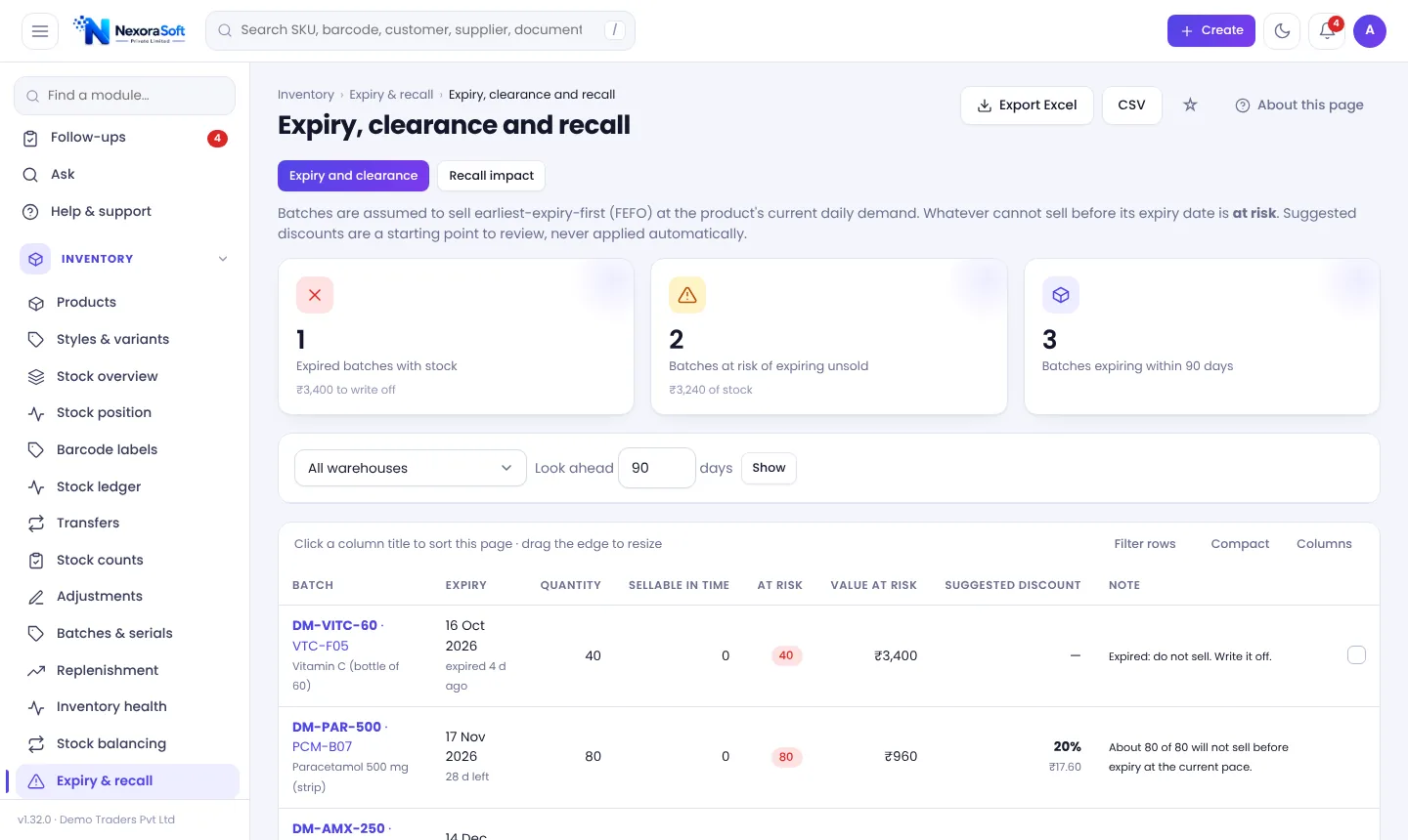 Expiry clearance and recall screen in NexoraIMS with expired batches, batches at risk and suggested discount