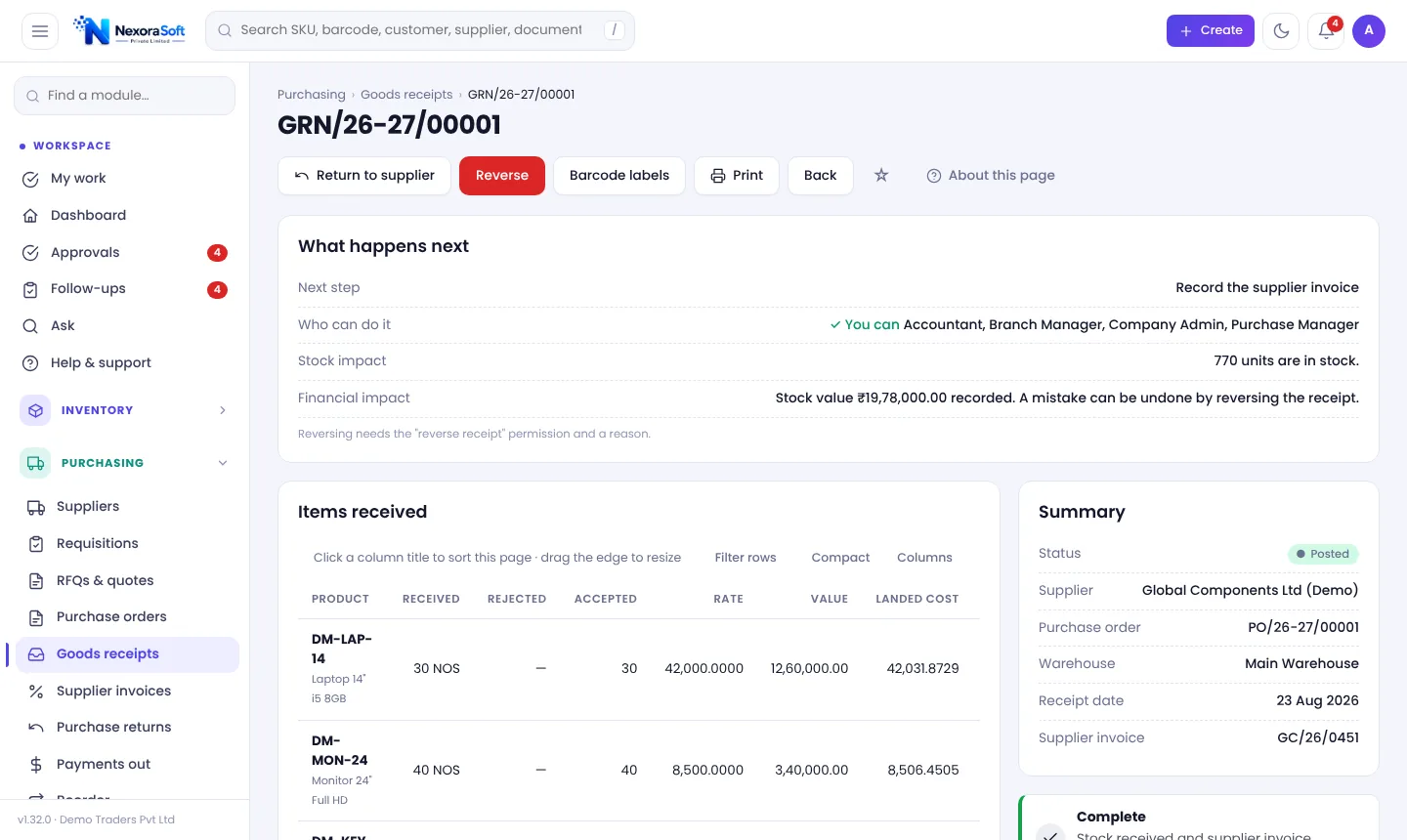 Goods receipt GRN screen in NexoraIMS with received and rejected quantity, rate, GST and landed cost