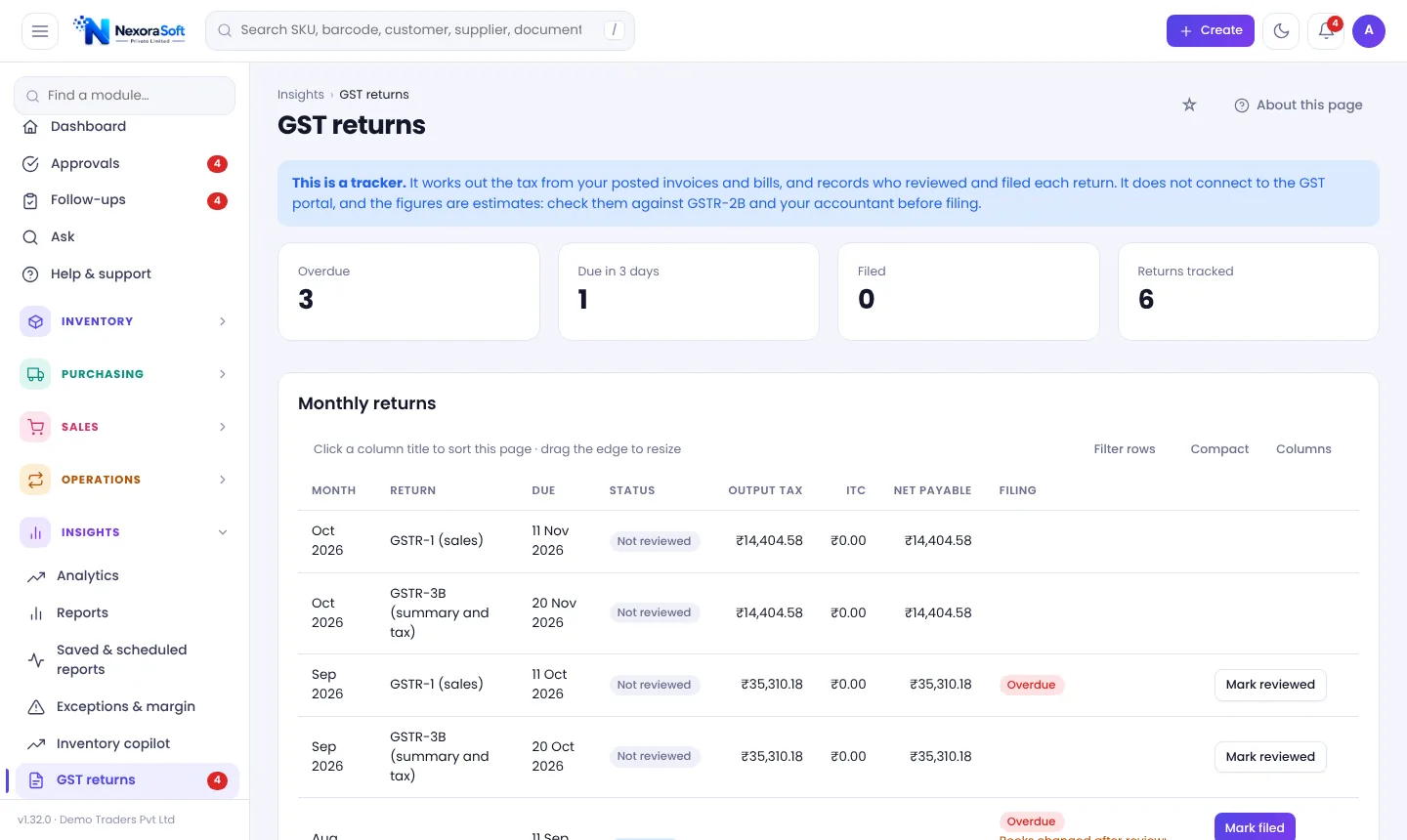 GST returns tracker in NexoraIMS with monthly GSTR-1 and GSTR-3B output tax, input credit and filing status