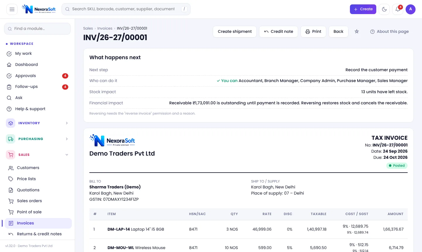 GST tax invoice in NexoraIMS with HSN, taxable value and CGST SGST IGST split