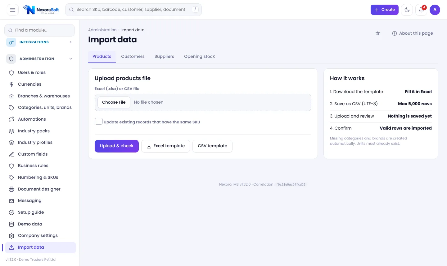 Import data screen in NexoraIMS with template download, upload and check steps for products customers suppliers and opening stock