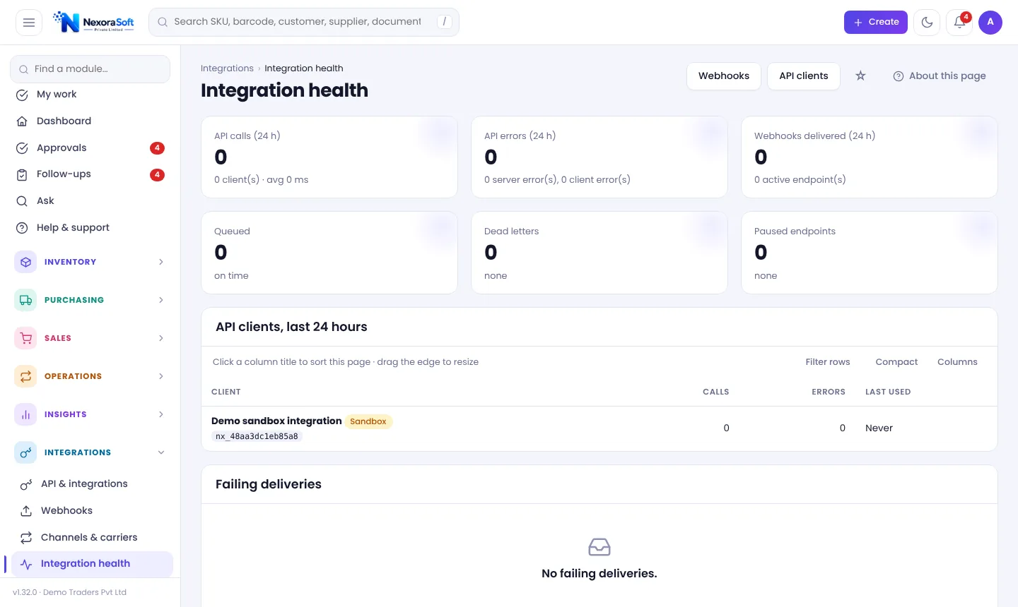 Integration health screen in NexoraIMS with API calls, errors, webhook queue, dead letters and API clients