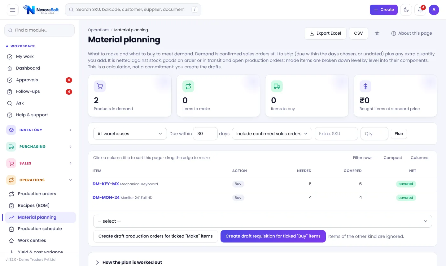 Material planning screen in NexoraIMS with items in demand, covered quantity and buy or make actions