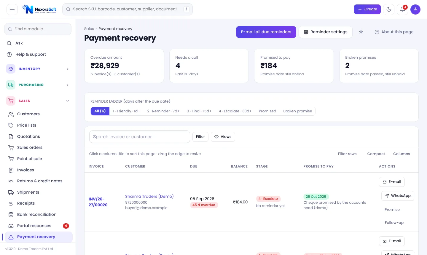 Payment recovery screen in NexoraIMS with overdue amount, reminder ladder stages and send reminder buttons