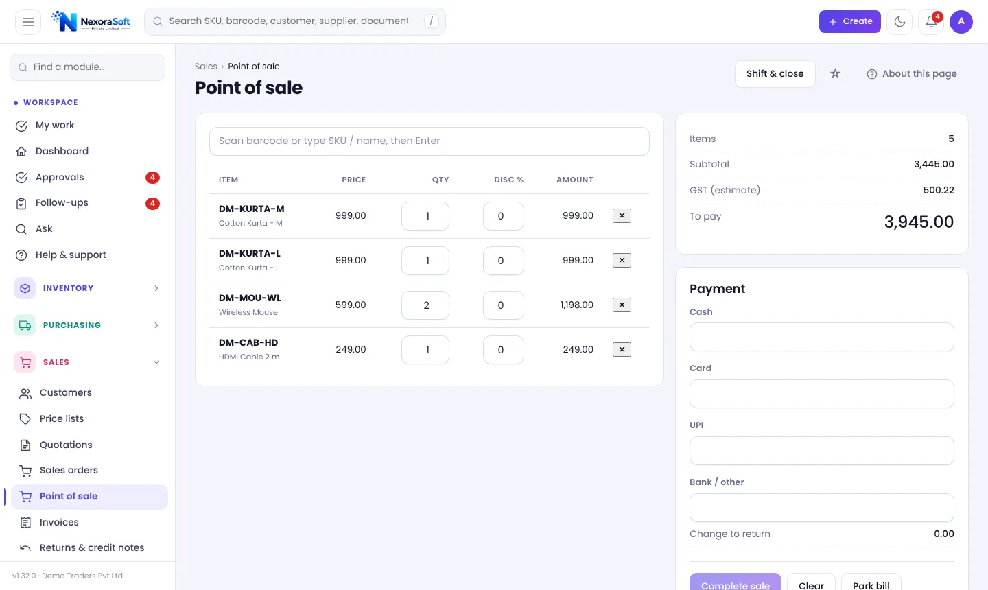 Point of sale screen in NexoraIMS with scanned items, GST estimate and cash, card and UPI payment boxes