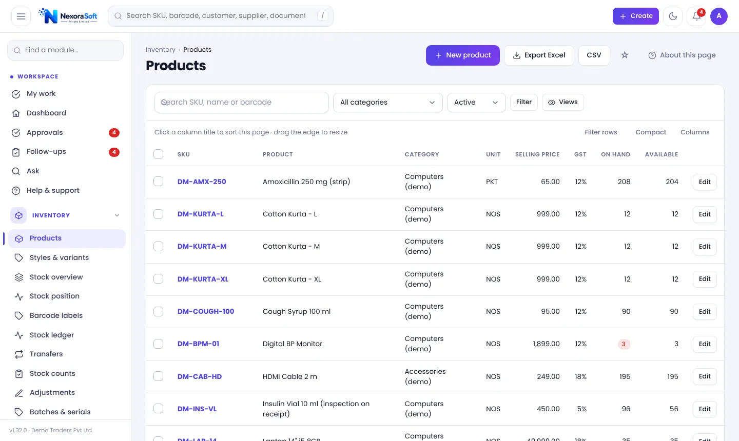 Products list in NexoraIMS with SKU, name, category, unit, selling price, GST rate and on-hand stock