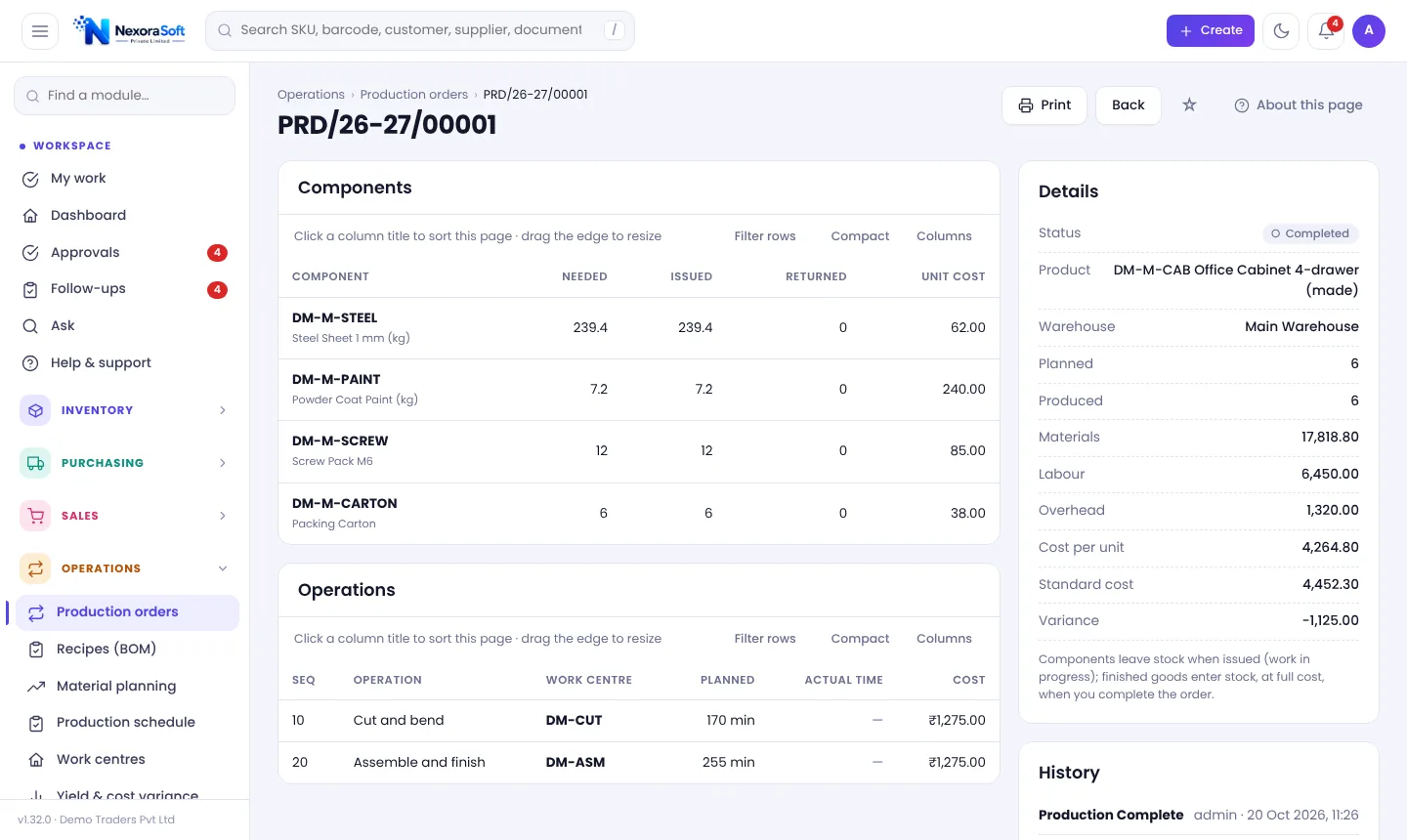 Production order screen in NexoraIMS with components issued, operations by work centre and cost