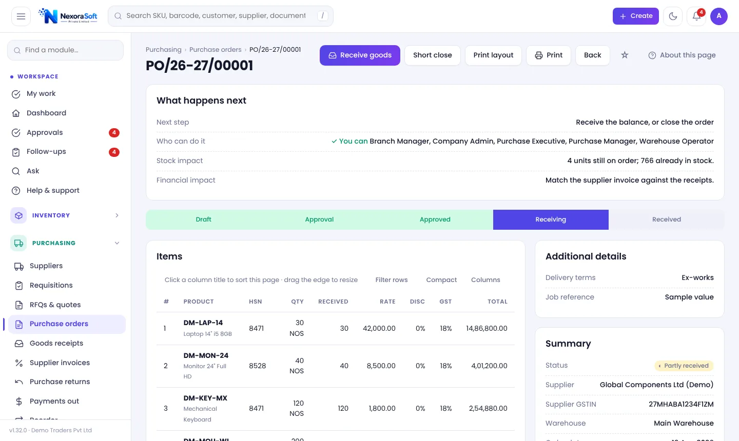 Purchase order screen in NexoraIMS showing approval stages and partly received items